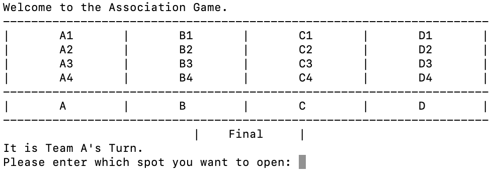 A screenshot of the game, showing the board in a command line terminal.