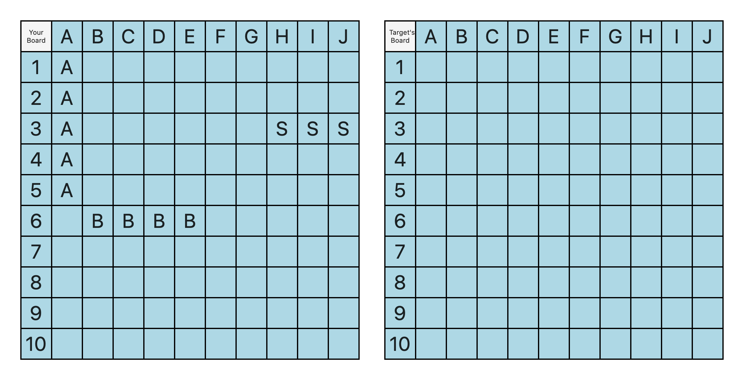 A screenshot of the game, showing 2 boards with ships.